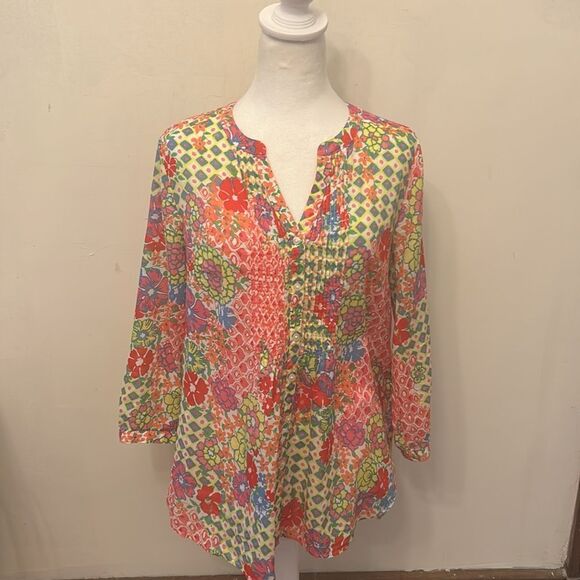Talbots floral hot pink multicolored long sleeve blouse Size S EUC - Picture 2 of 10